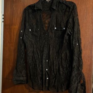 Express lace long sleeve button down blouse
